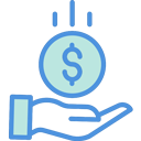 illustration blue and green out stretched hand catching a dollar coin showing cost reductions.