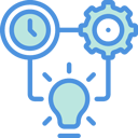 illustration blue and green with clock, cog and lightbulb showing improve productivity levels of people.
