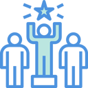 illustration blue and green three people with middle on a podium holding a star showing competitiveness.