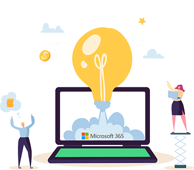closed_innovation_image_400 illustration image of a happy man and woman around a laptop with a lightbulb showing how idea management software from Wide Ideas integrated with Microsoft 365 provides benefits.